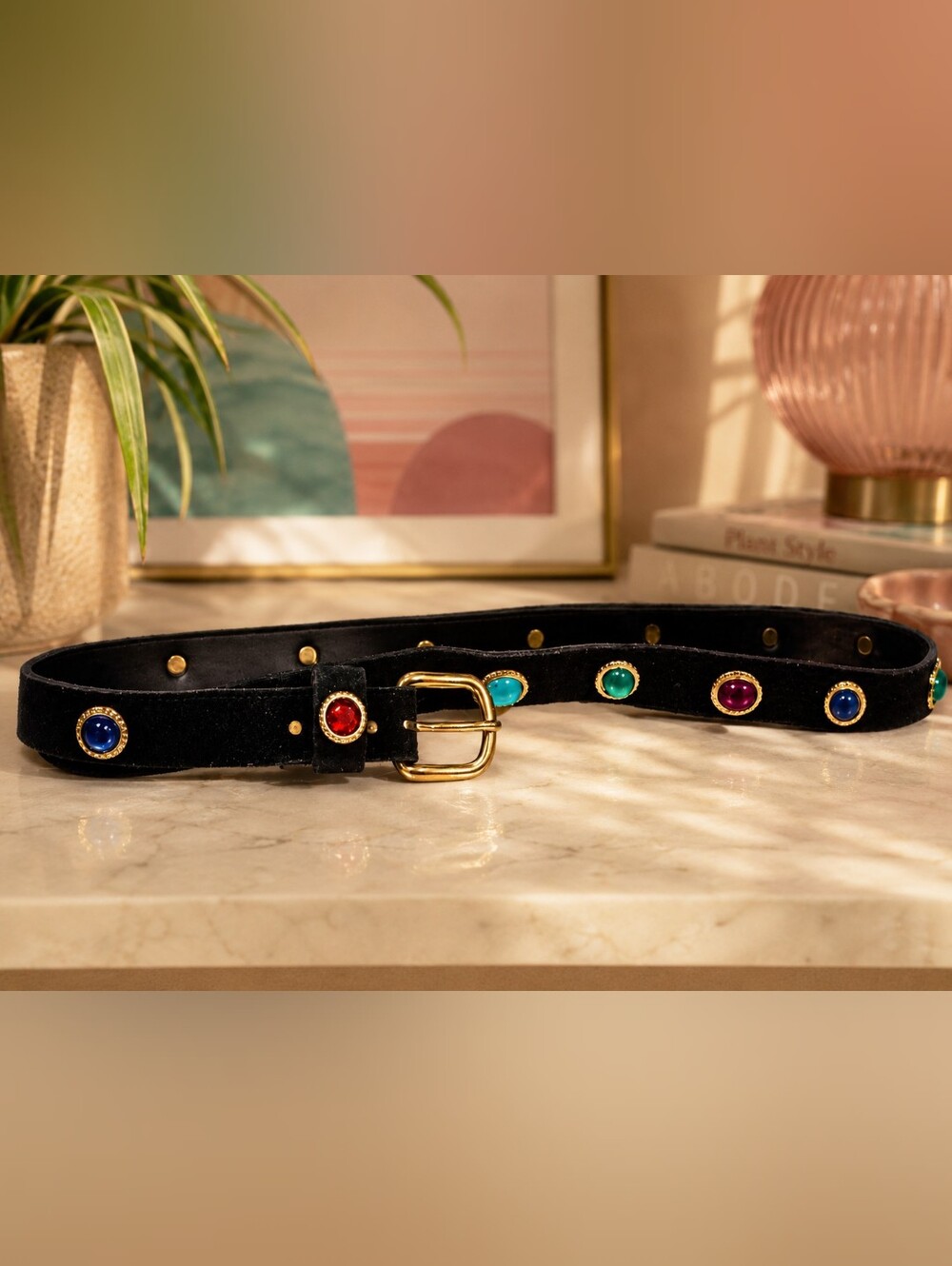 Vintage 1980s Genuine Leather Jeweled Belt | Colorful Cabochon Stones | Gold Ton